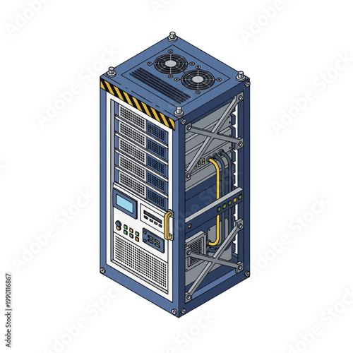 Isometric illustration of a detailed blue server rack with cooling fans and yellow striped hazard tape.