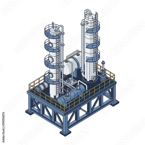 Isometric illustration of a detailed industrial refinery plant with distillation columns.