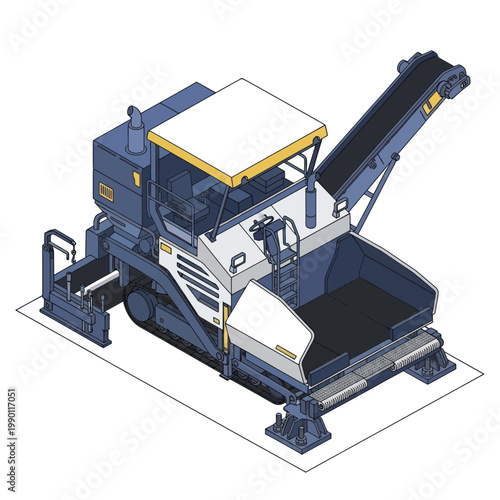 Isometric illustration of a large asphalt paver machine for road construction.