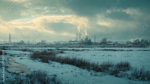 Industrial factory with smoke pollution in snowy winter landscape