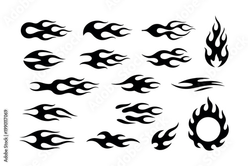 Flame decal vector set featuring black abstract fire flame silhouettes for hotrod racing car vinyl stickers motorcycle airbrush and tattoo design concepts