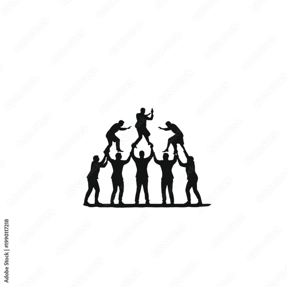 Obraz premium People silhouette forming a human pyramid by standing on each other to demonstrate vertical growth and the importance of a solid foundation for reaching high corporate goals and ambitions.