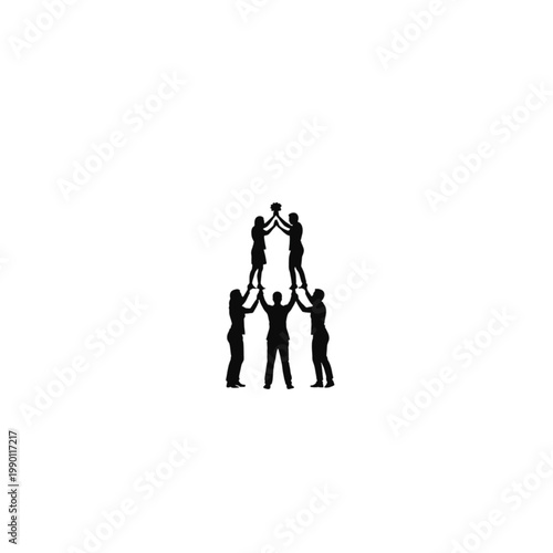 People silhouette standing in a tiered formation to build a human tower that symbolizes vertical integration and the collaborative effort required to reach peak performance in business.