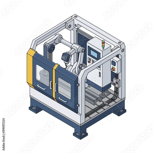 Isometric illustration of a modern industrial CNC machine with robotic arm.