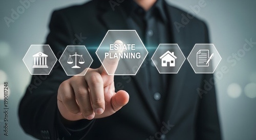 Estate Planning, Legal Services, Financial Security, Property Management, Will Creation, Business Succession, Future Security, Professional Advice, Digital Interface, Iconography
