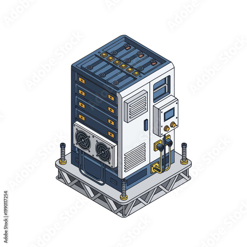Isometric illustration of a modern industrial cooling unit with fans and control panel.