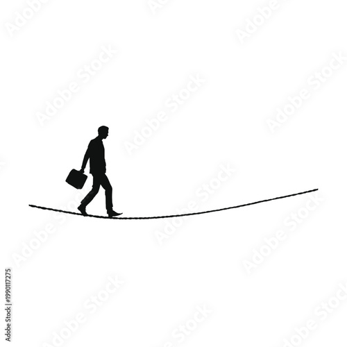 Businessman silhouette walks carefully across a thin tightrope while carrying a briefcase to represent the high stakes and precarious balance required in modern financial risk management.