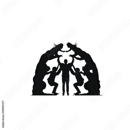 Team members silhouettes form a supportive arch shape around a central figure to symbolize unity, collaborative effort, and the strength found in collective professional teamwork goals.