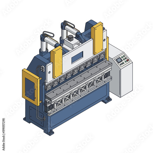Isometric illustration of a modern industrial press brake machine for metal fabrication.