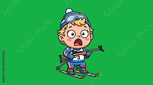Cartoon Biathlete Skiing with Rifle and Goggles on Green Background.