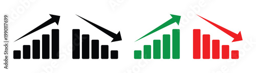 Stock increase and decrease icon set. Business growth and fall graph symbols. Stock increase and decrease  icon set isolated on transparent background. Stock increase and decrease vector illustration.