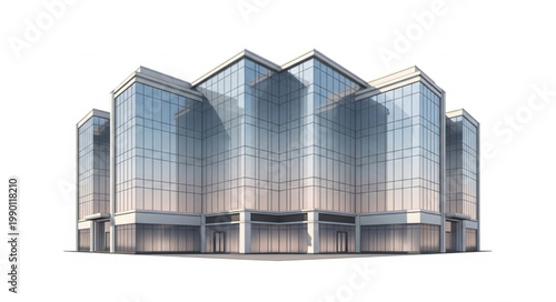 Modern glass office building with geometric design.