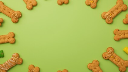 Dog treats in bone shape on green surface, overhead view. Text space available