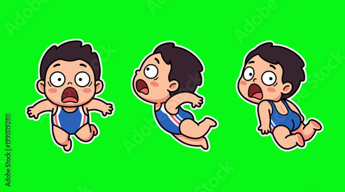 Cartoon Baby in Various Poses with Shocked Expressions on Green Background.