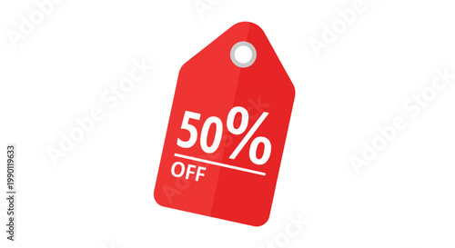 Red 50 percent off tag icon for sales promotion isolated