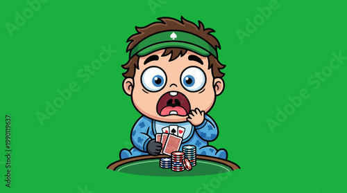 Cartoon Baby Playing Poker with Shocked Expression and Cards.
