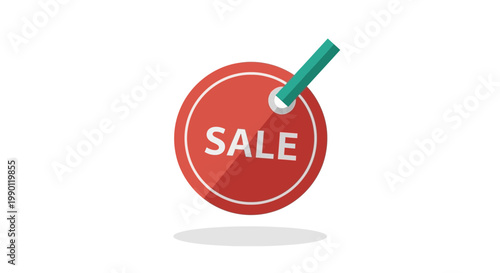 Red sale tag with white text and green handle isolated on white background