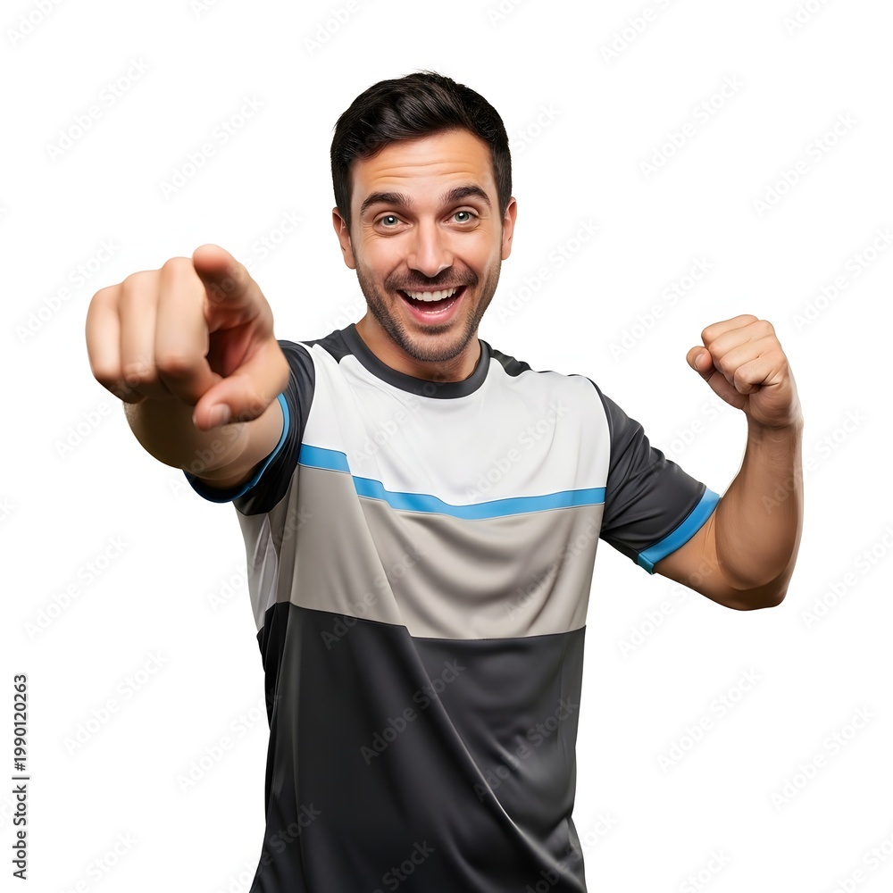 Fototapeta premium Man celebrating and pointing forward isolated on white background, generative ai