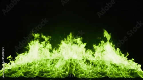 Dynamic burst of ethereal green flames igniting on a dark background, perfect for advertising, news, or b roll footage.