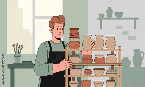 A potter arranging handmade clay pots on a wooden shelf in a workshop