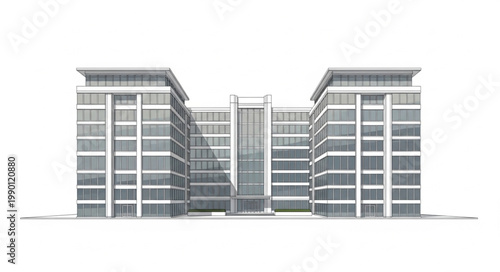 Modern Office Building Facade with Glass Windows and Steel Structure.