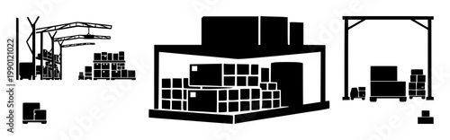 Fulfillment center warehouse icon set with solid black representation on white background featuring warehouse, logistics, e-commerce with storage and inventory