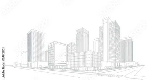 Modern Cityscape Architectural Sketch with Tall Buildings and Streets.
