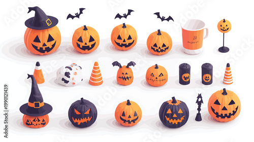 Collection of Halloween Pumpkins and Decorations.