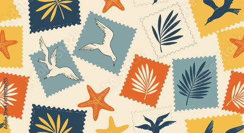 Vintage Tropical Seamless Pattern. Postage Stamps with Palm Leaves, Birds, Starfish. Retro Beach Graphic Background.