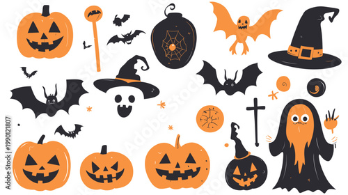 Halloween Elements Collection Spooky Pumpkins Bats Witch Hats Ghost.