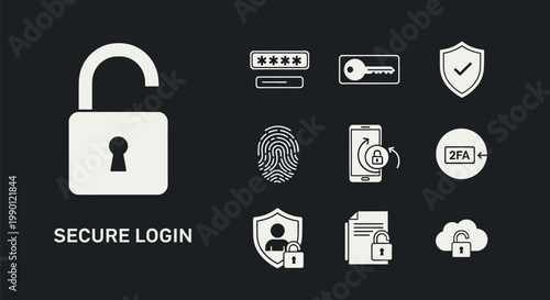 Secure login icons with padlock fingerprint and shield on dark background