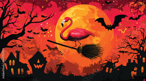 Halloween Flamingo Flying Broomstick Full Moon Bats Spooky Night.