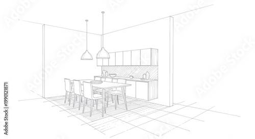 Modern Kitchen Dining Area Sketch with Island and Pendant Lights.