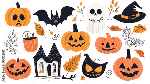Halloween Icons Collection with Pumpkins and Spooky Elements.