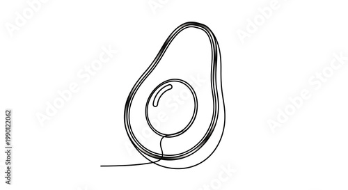 Isolated outline of a halved avocado with seed, simple line drawing on a white background, healthy food illustration