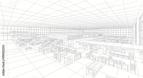 Modern Office Interior Design Sketch with Cubicles and Meeting Areas.