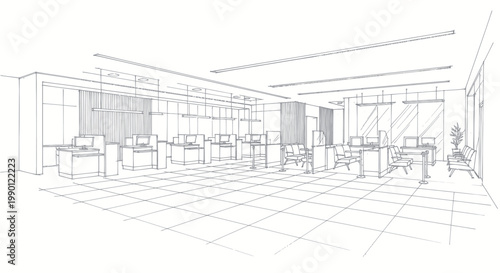 Modern Office Interior Design Sketch with Desks and Chairs.