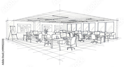 Modern Office Interior Design Sketch with Desks and Computers.