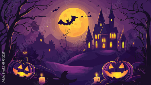 Spooky Halloween Castle Scene with JackoLanterns and Bats.