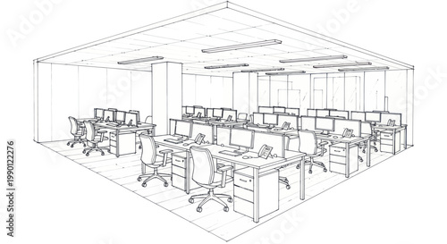 Modern Office Interior Design Sketch with Multiple Workstations and Computers.