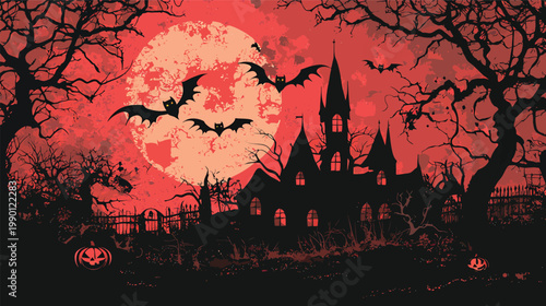 Spooky Halloween Castle Silhouette with Bats and Full Moon.