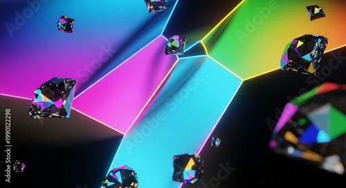 Abstract glowing geometric shapes with scattered multifaceted diamonds, iridescent neon light borders, and a dark background, vibrant, futuristic, luxurious