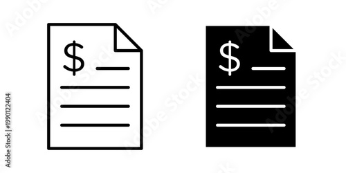 Bill receipt icon in solid fill style, displayed in black on white background. Ideal for invoices, payments, billing, and transaction records in user interfaces.