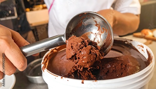 A person scoops rich chocolate ice cream