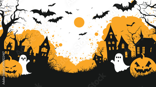 Spooky Halloween Night with Haunted Houses and Flying Bats.