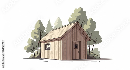 Small wooden cabin nestled among trees in a natural setting.