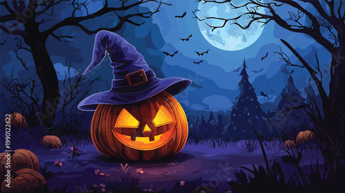 Spooky Halloween Pumpkin with Witch Hat Under Full Moon.