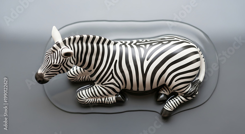 A toy zebra with black and white stripes lying on a gray surface in a puddle of clear liquid, a whimsical and surreal concept