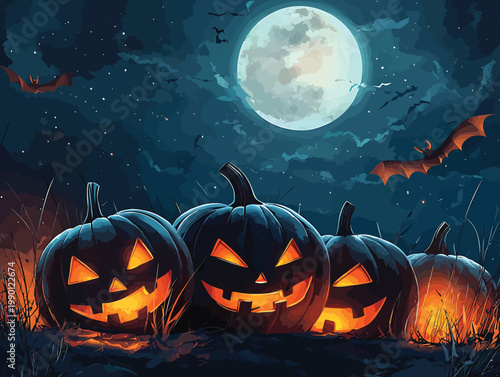 Spooky Halloween Pumpkins Glowing Under a Full Moon.