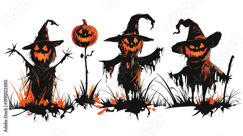 Spooky Halloween Scarecrows with JackoLantern Heads and Witch Hats.